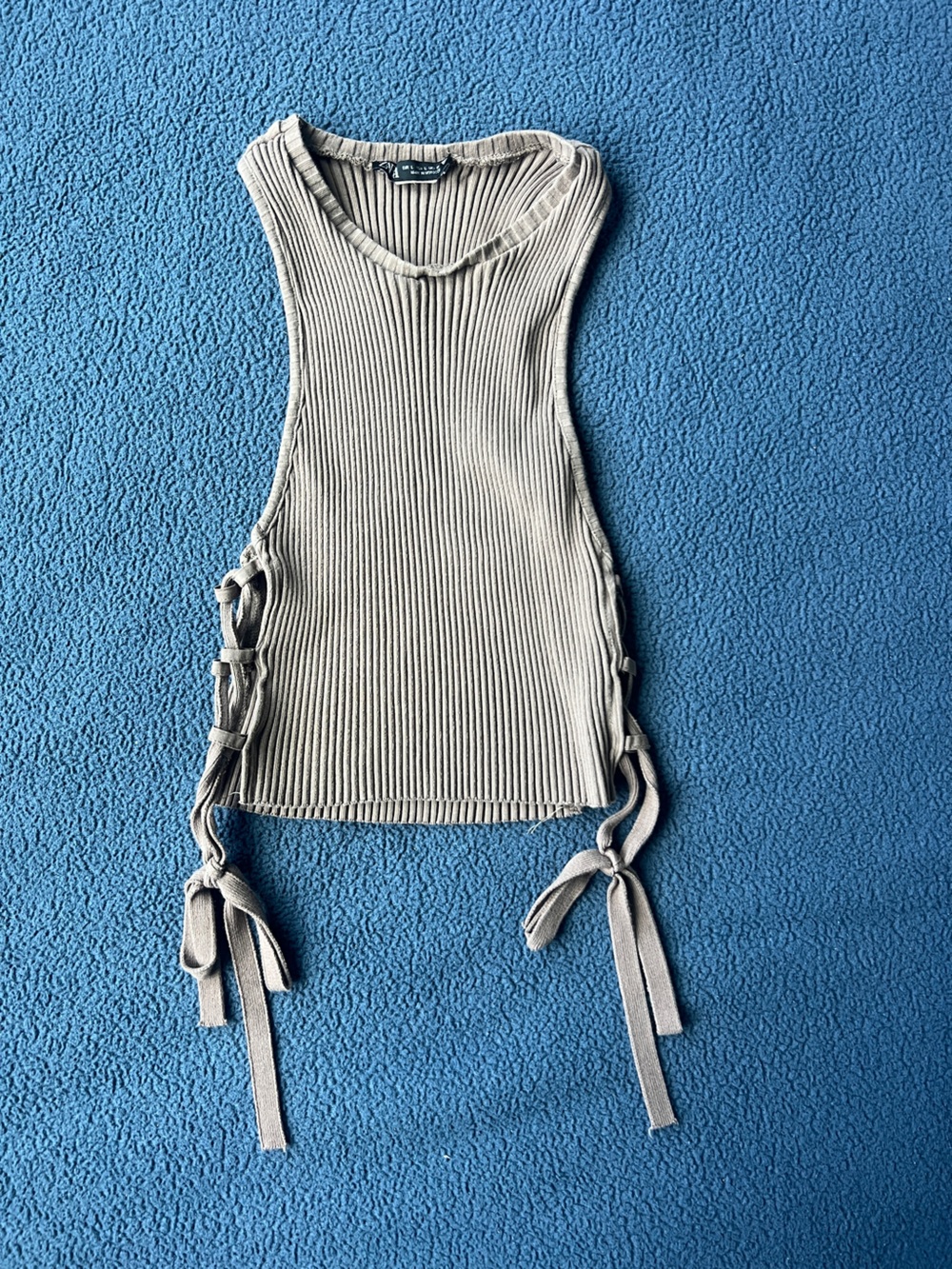 Beige Ribbed Tie-Side Tank Top